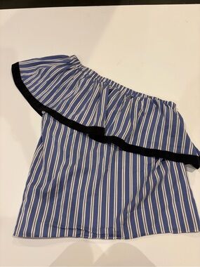 Milly Blue and White Striped One-Shoulder Top with Black Trim
